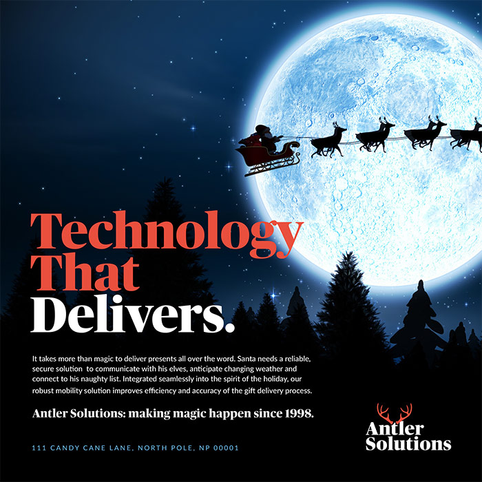 Print ad showing Santa's sleigh and reindeer flying across a full moon