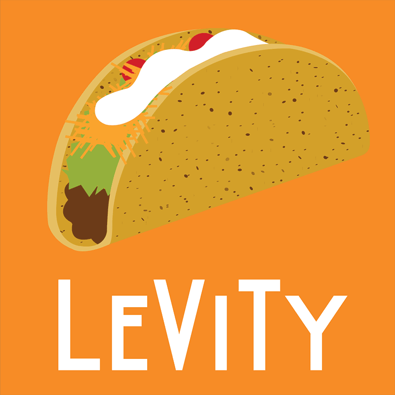 Orange background with taco icon and word Levity below