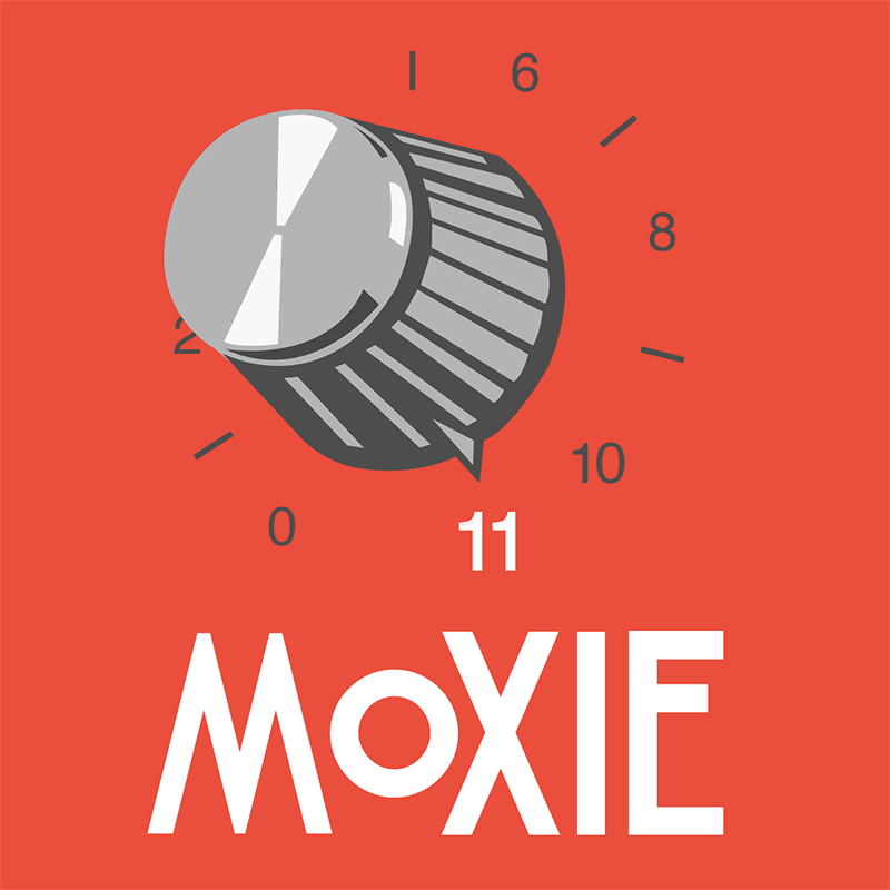 Red background with sound dial icon and word Moxie below